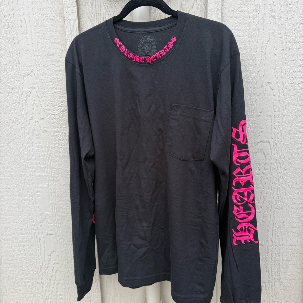 Chrome Hearts Black Tee with Pink Collar Graphics